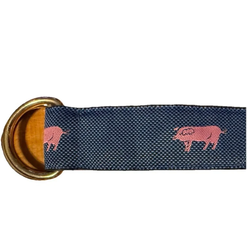 J McLaughlin Women’s Fabric Belt Navy Blue Pink Pigs Double D Gold‎ Ring Buckles